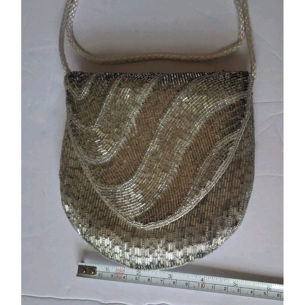 Magid Beaded Art Deco Evening Purse Chain Strap Silver Beaded Satin Lined - Picture 4 of 7